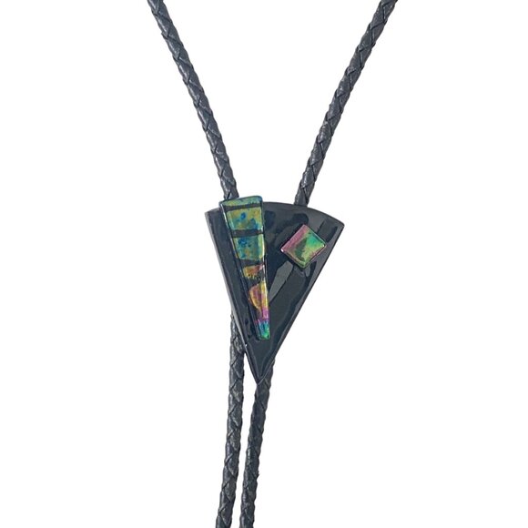 Other - 1980’s abstract blue black vintage bolo tie art glass western iridescent
